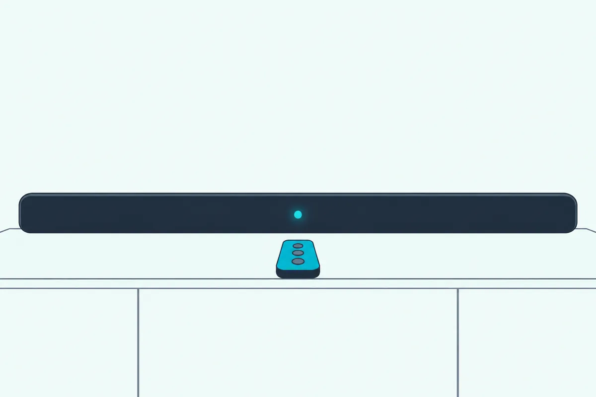 Slim soundbar on a console with one small round light glowing on its front edge and a plain remote beside it