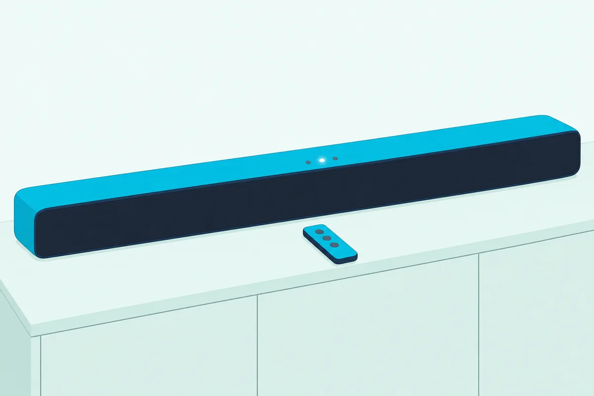 Slim soundbar on a low console with three small lights on its top edge, one glowing white, and a plain remote beside it