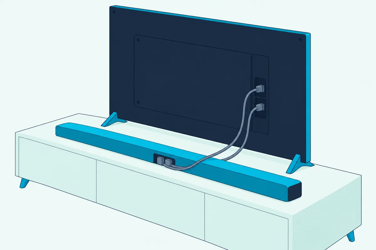 Slim soundbar on a low console with two plain cables running from its back to the back of a TV