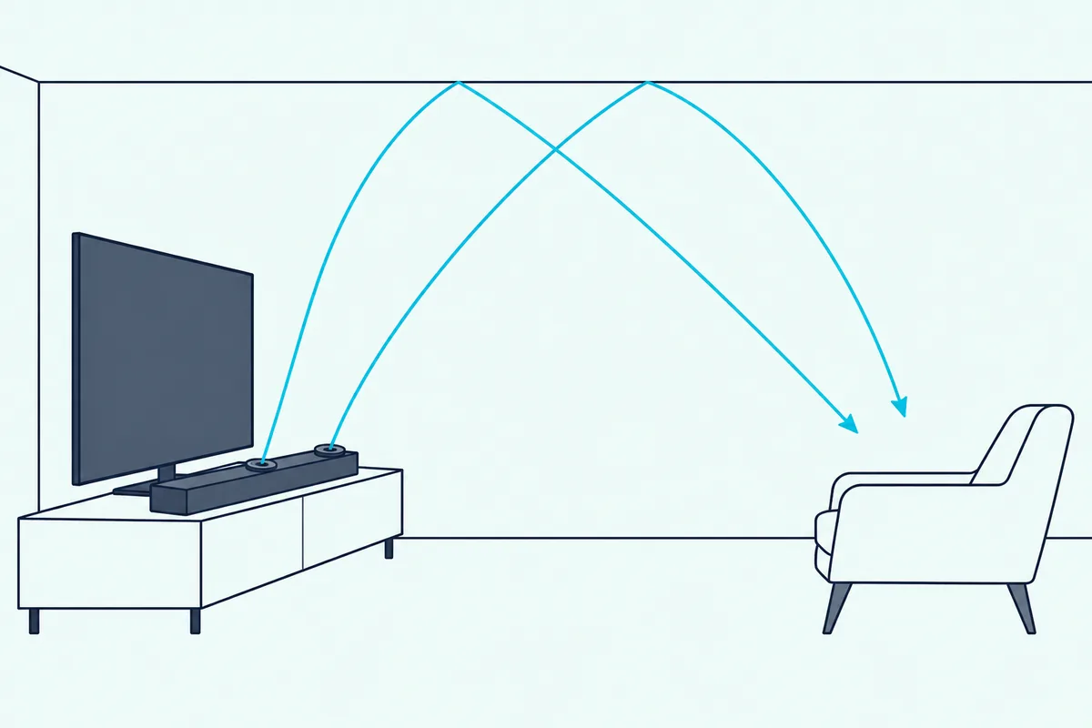 Slim soundbar under a TV with two small speakers on its top surface angled up toward a plain ceiling