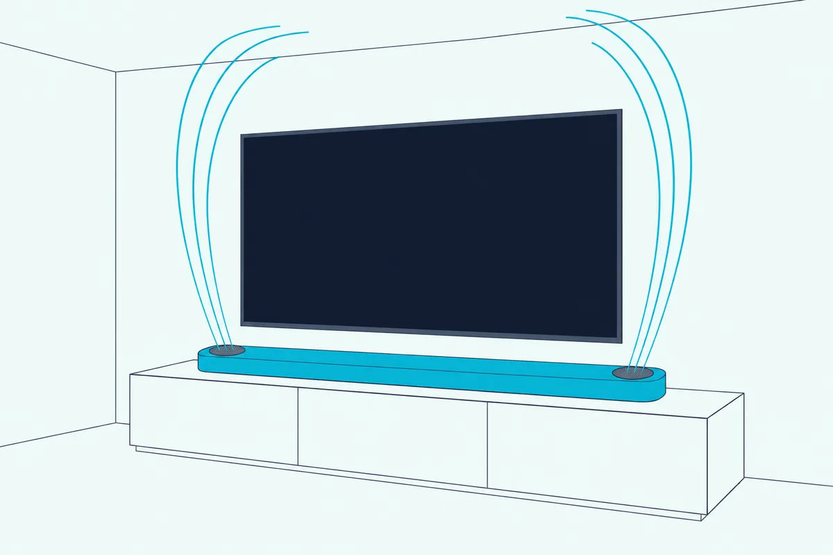 Slim soundbar with two upward-firing speakers on top and curved sound lines rising toward a plain ceiling