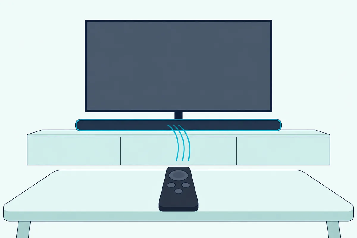 Slim streaming remote pointed at a TV, with a soundbar on the console below the screen