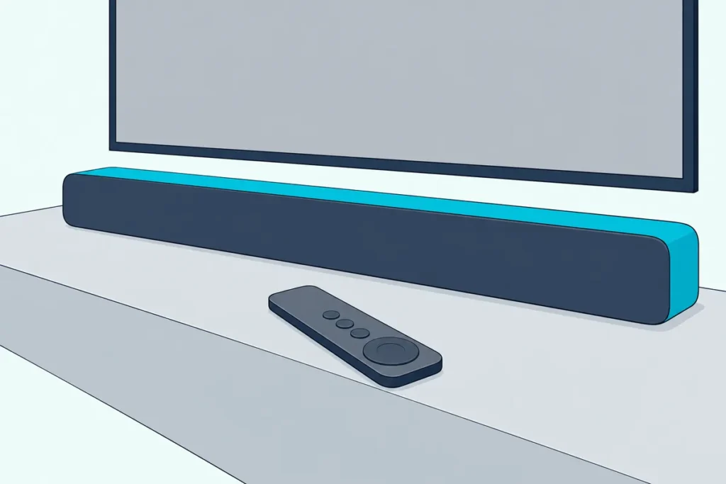 Slim streaming-box remote with a round pad lying beside a soundbar on a console under a blank TV