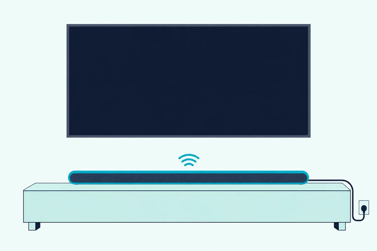 Slim wireless soundbar under a TV with only a power cord running to a wall outlet and no audio cable