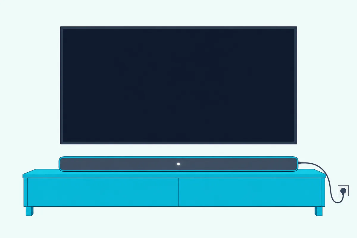 Slim wireless soundbar on a TV stand with one small white light glowing and a single power cord running to the wall