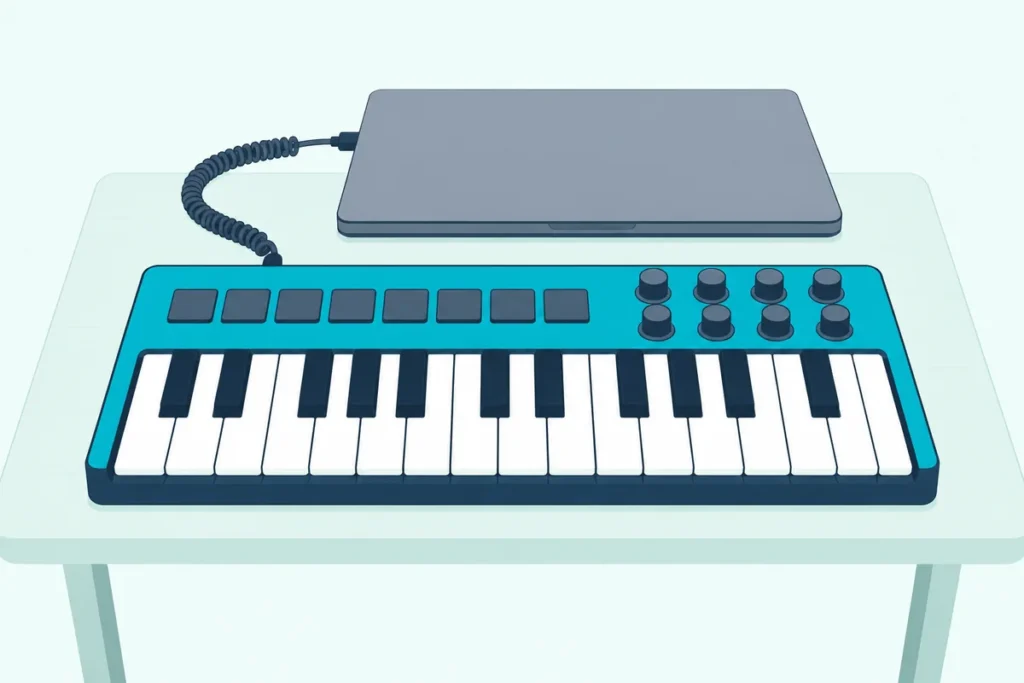 A small 25-key MIDI keyboard with eight pads and eight knobs on a compact desk in front of a closed laptop