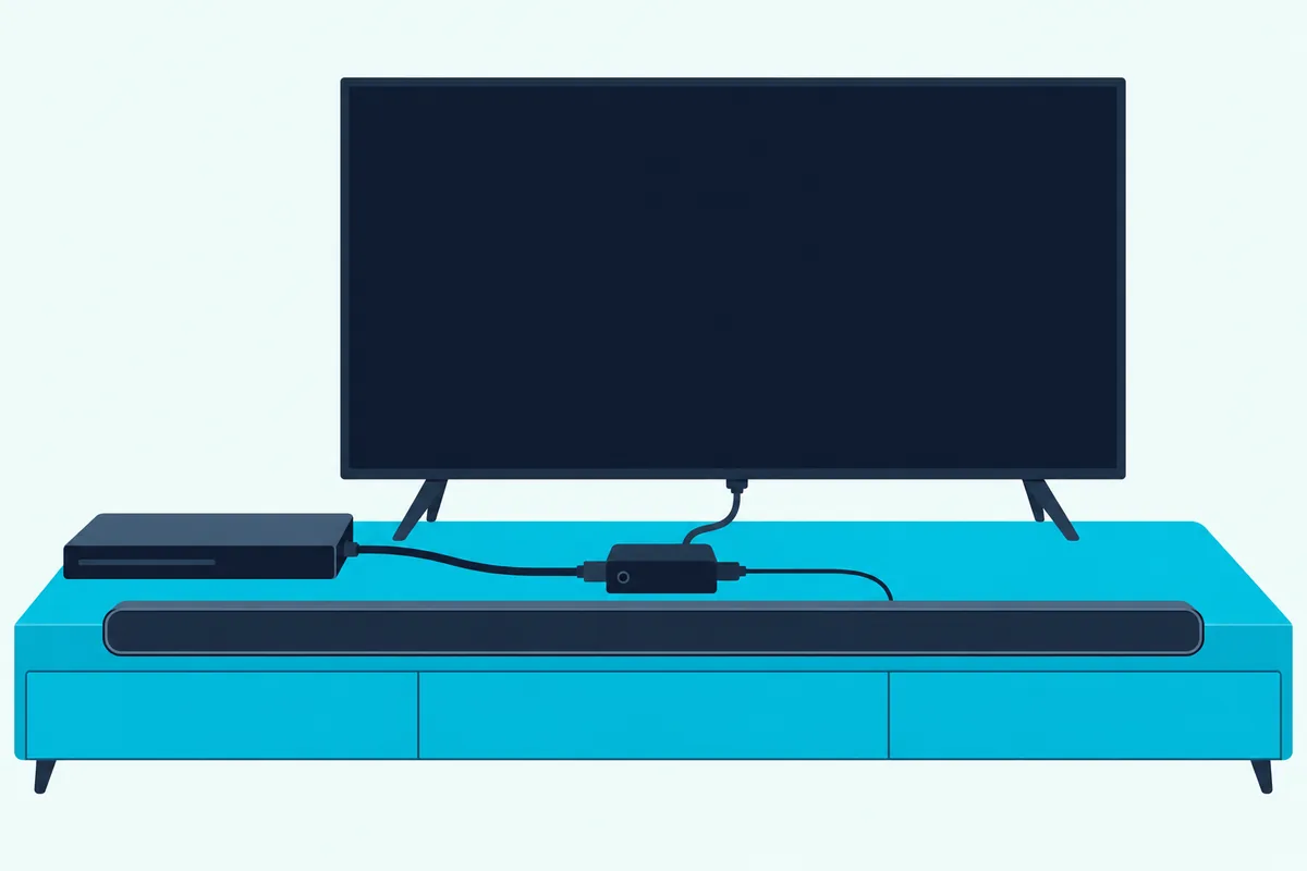 Small black box between a disc player and a TV, with a thin cable running from the box to a soundbar