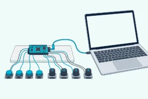 A small circuit board on a breadboard wired to four buttons and four knobs and cabled to an open laptop