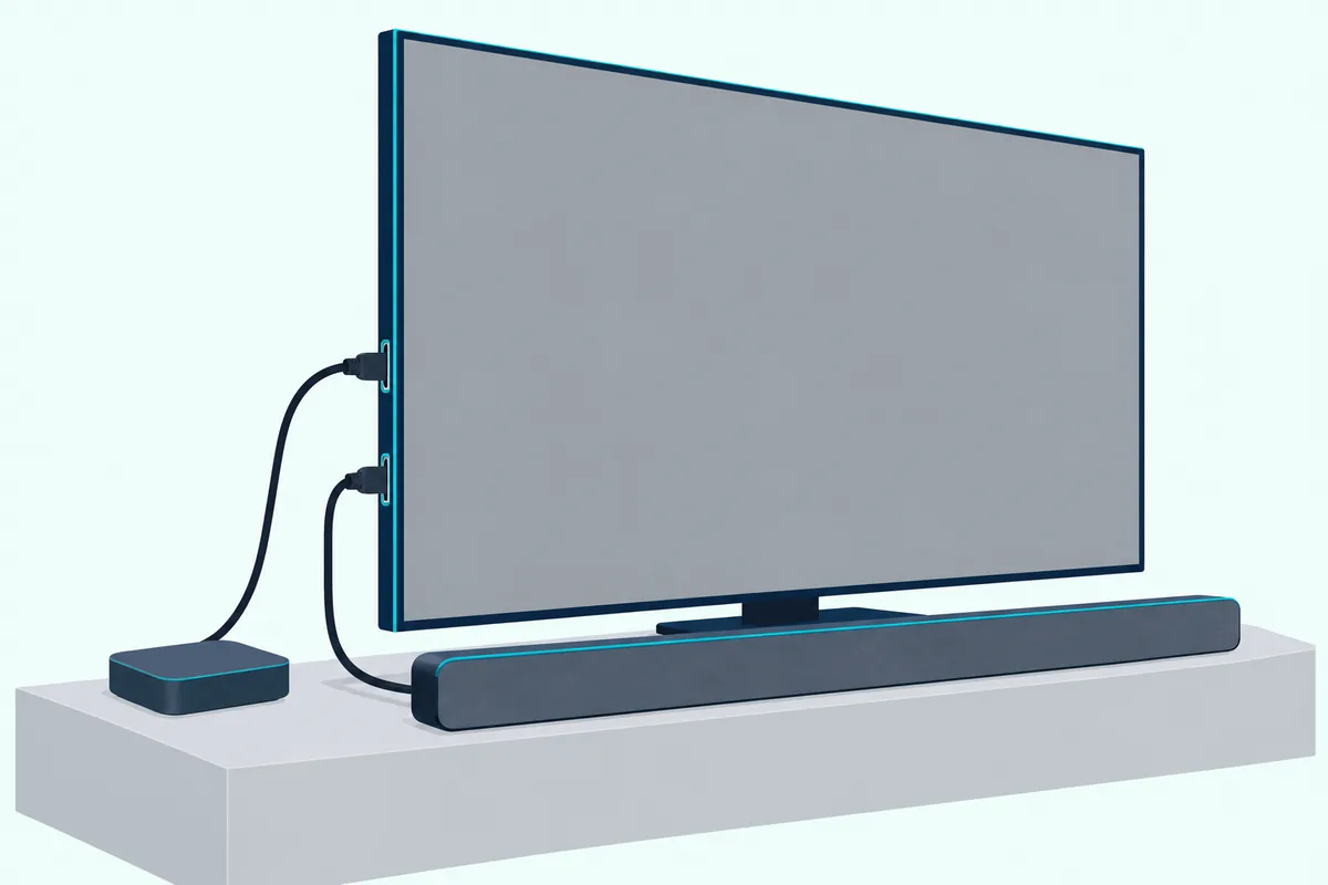 Small flat streaming box on a console, one cable into the side port of a TV and one from the TV down to a soundbar below