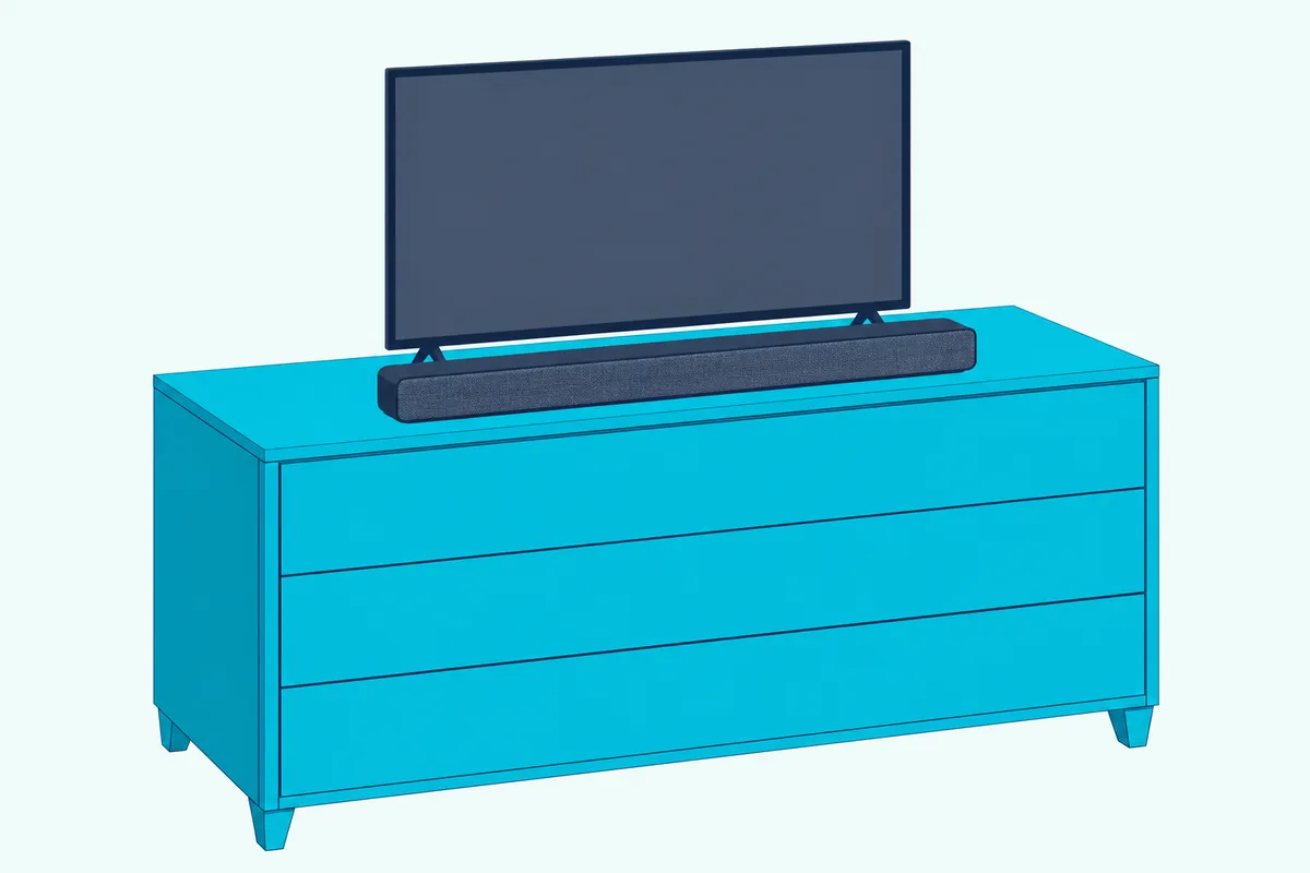 Small flat TV on a wooden dresser with a slim soundbar resting in front of its base