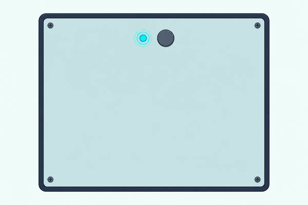 Small indicator light glowing steadily beside a round pair button on the back panel of a compact subwoofer