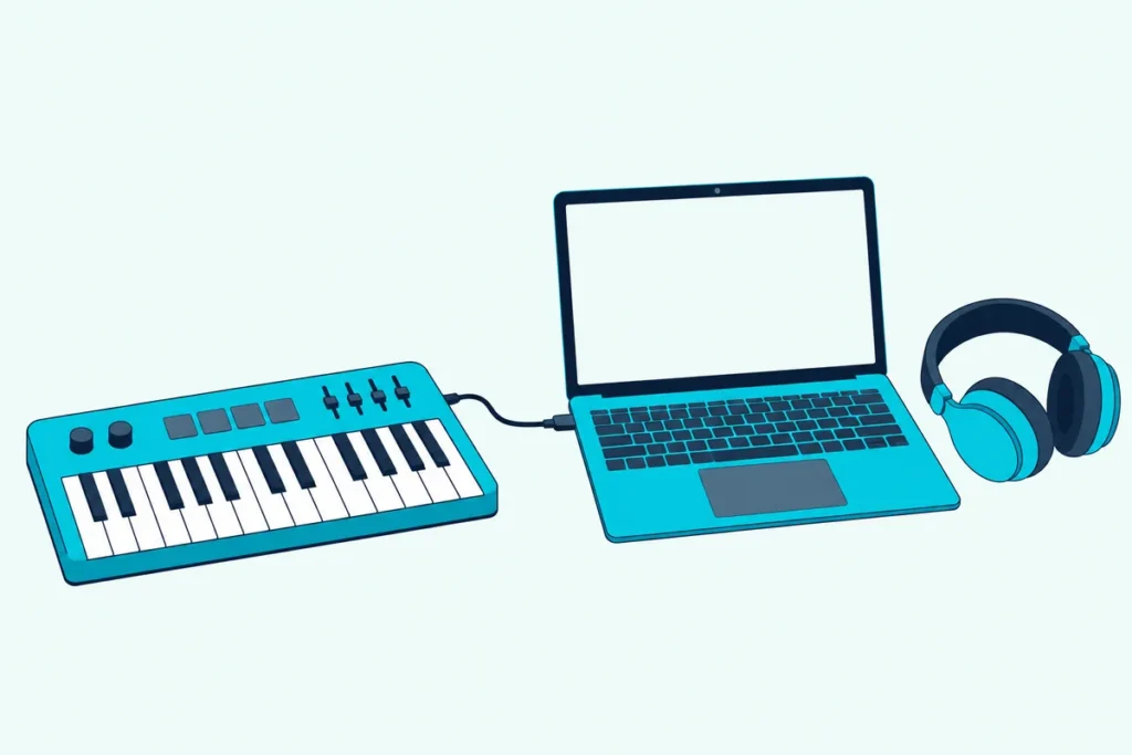 A small keyboard controller cabled to an open laptop with headphones beside it