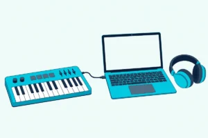 A small keyboard controller cabled to an open laptop with headphones beside it