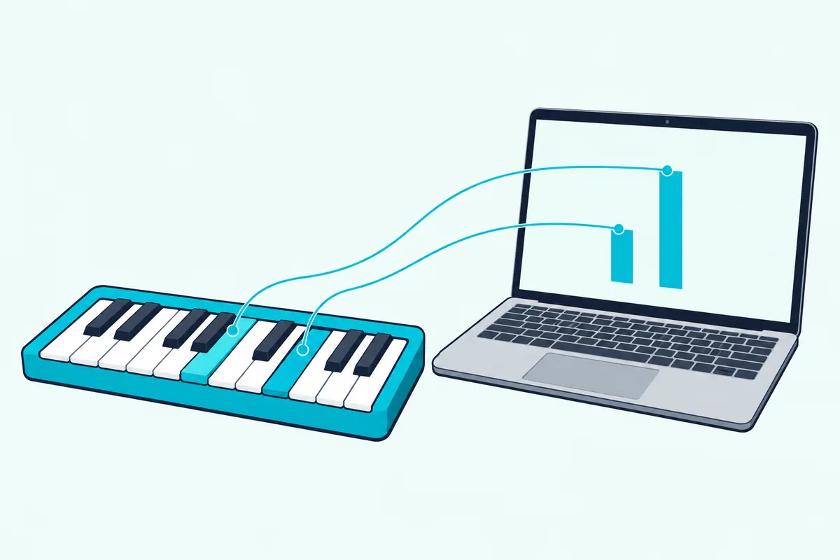 A small keyboard controller sending a soft key and a hard key to a laptop as two bars