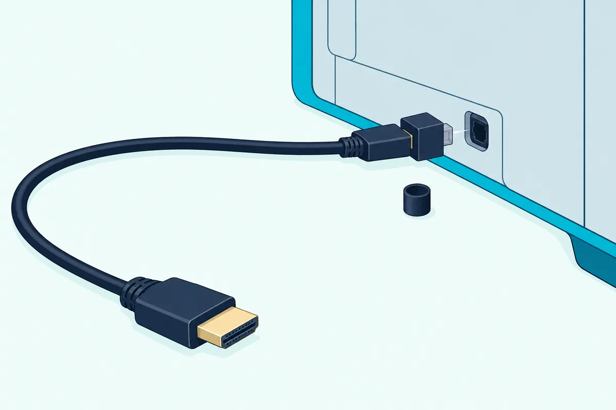 Small square optical adapter fitted onto the end of an HDMI cable next to a TV's empty D-shaped optical jack