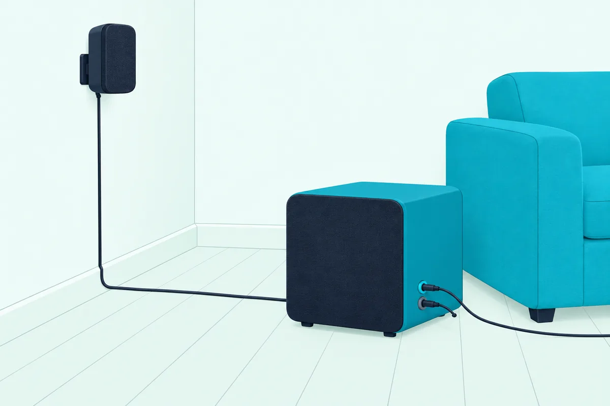 Small rear speaker on a wall bracket with a thin cable running down the wall to a cube subwoofer beside a sofa