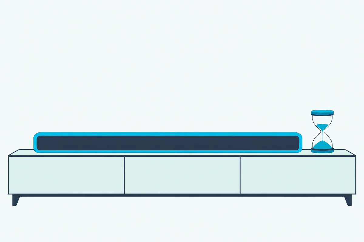 Small sand hourglass standing on a TV cabinet beside a slim soundbar, most of its sand already run through