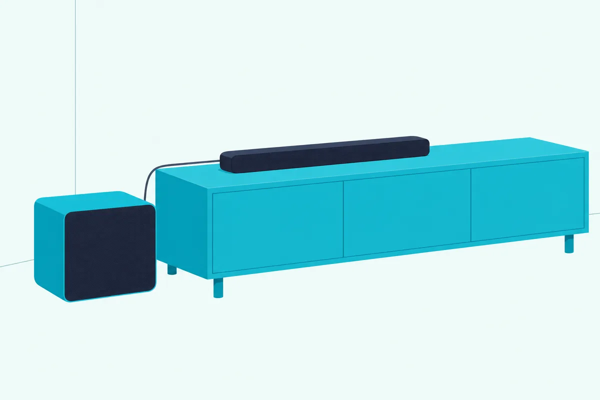 Small dark soundbar on a low cabinet with a cube subwoofer on the floor joined to it by a thin cable