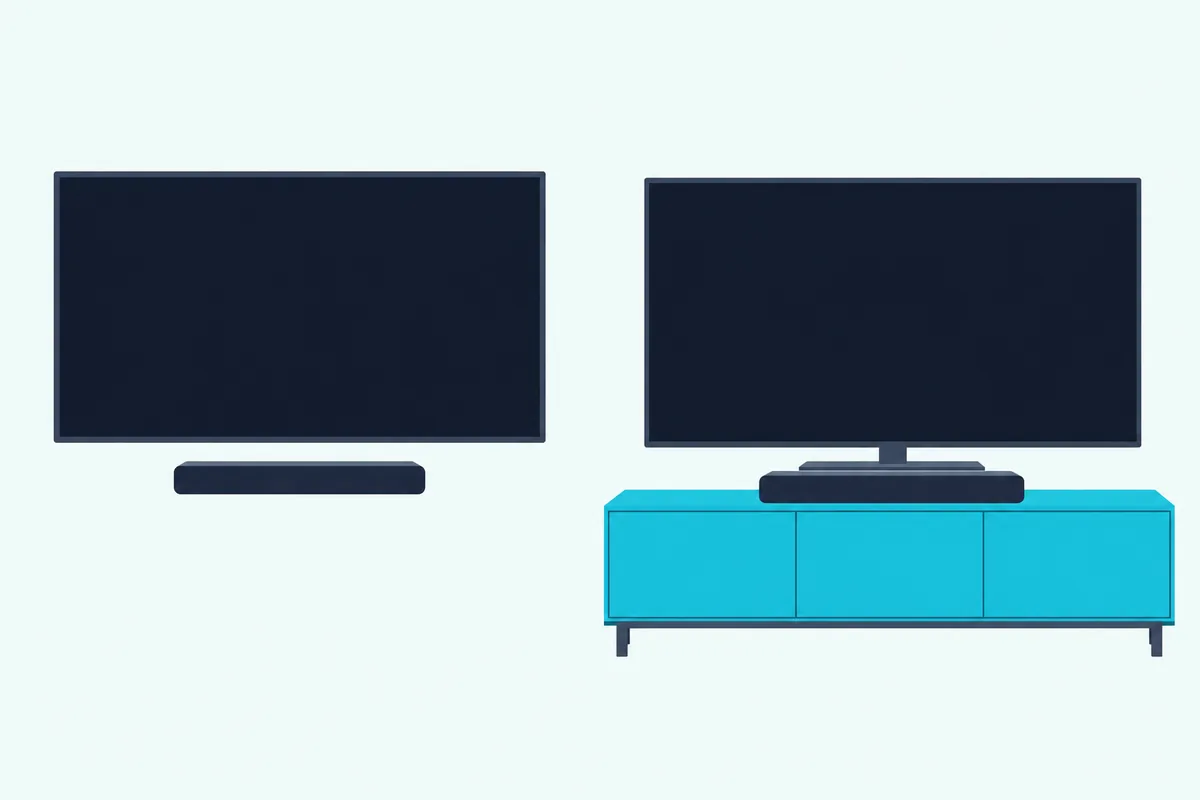 Small dark soundbar mounted on the wall under a TV with a blank screen, beside a second bar on a low cabinet