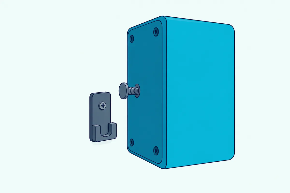 Small surround speaker being slid down onto a grooved wall bracket, the screw head on its back lined up with the groove