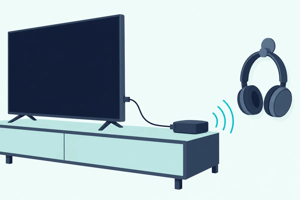 Small plain transmitter box beside a TV stand, a thin optical cable from the TV, wave arcs to headphones on a hook