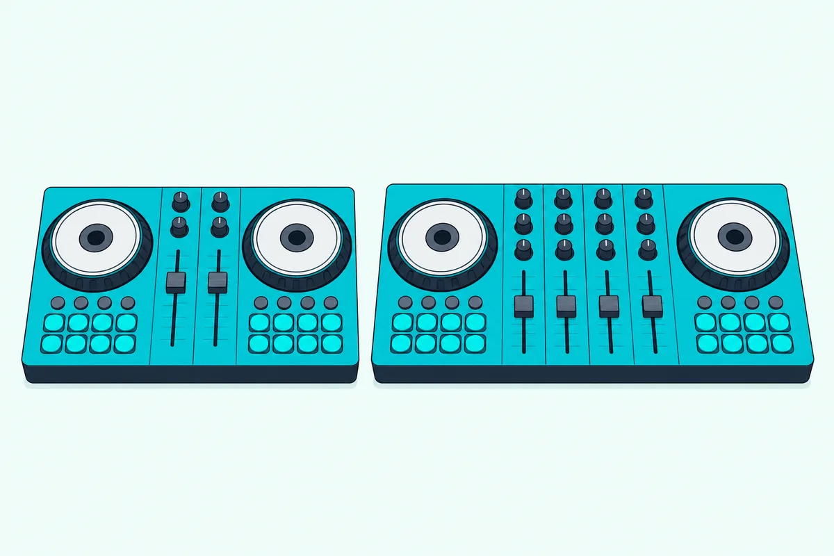 A small two-channel DJ controller beside a larger four-channel DJ controller