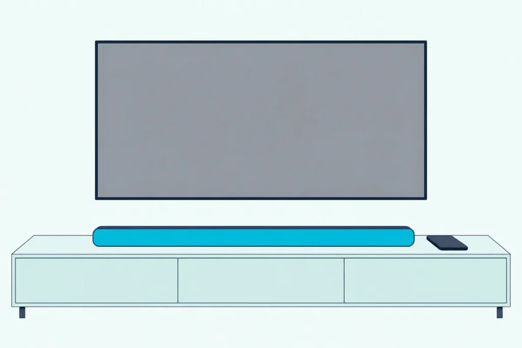 Smartphone lying face down beside a slim soundbar on a TV console, below a wall TV with a blank screen