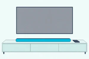 Smartphone lying face down beside a slim soundbar on a TV console, below a wall TV with a blank screen