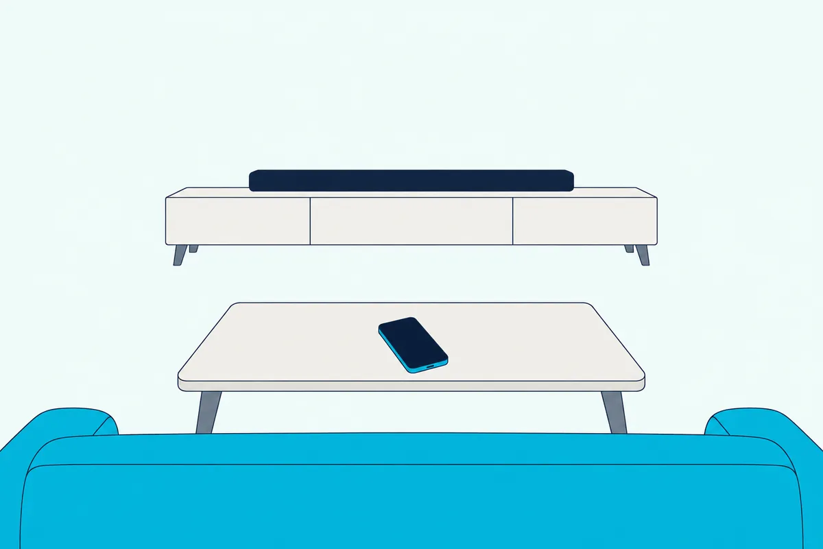 A smartphone with a blank screen on a coffee table in front of a sofa, with a soundbar on a console across the room