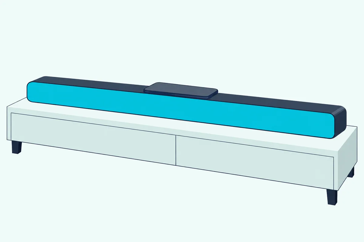 Smartphone with a blank screen resting flat on top of a soundbar on a wooden TV stand