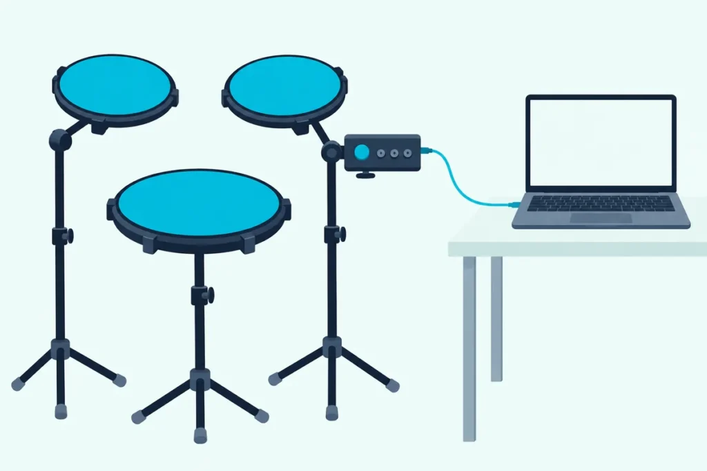 A compact electronic drum set with a module cabled to an open laptop