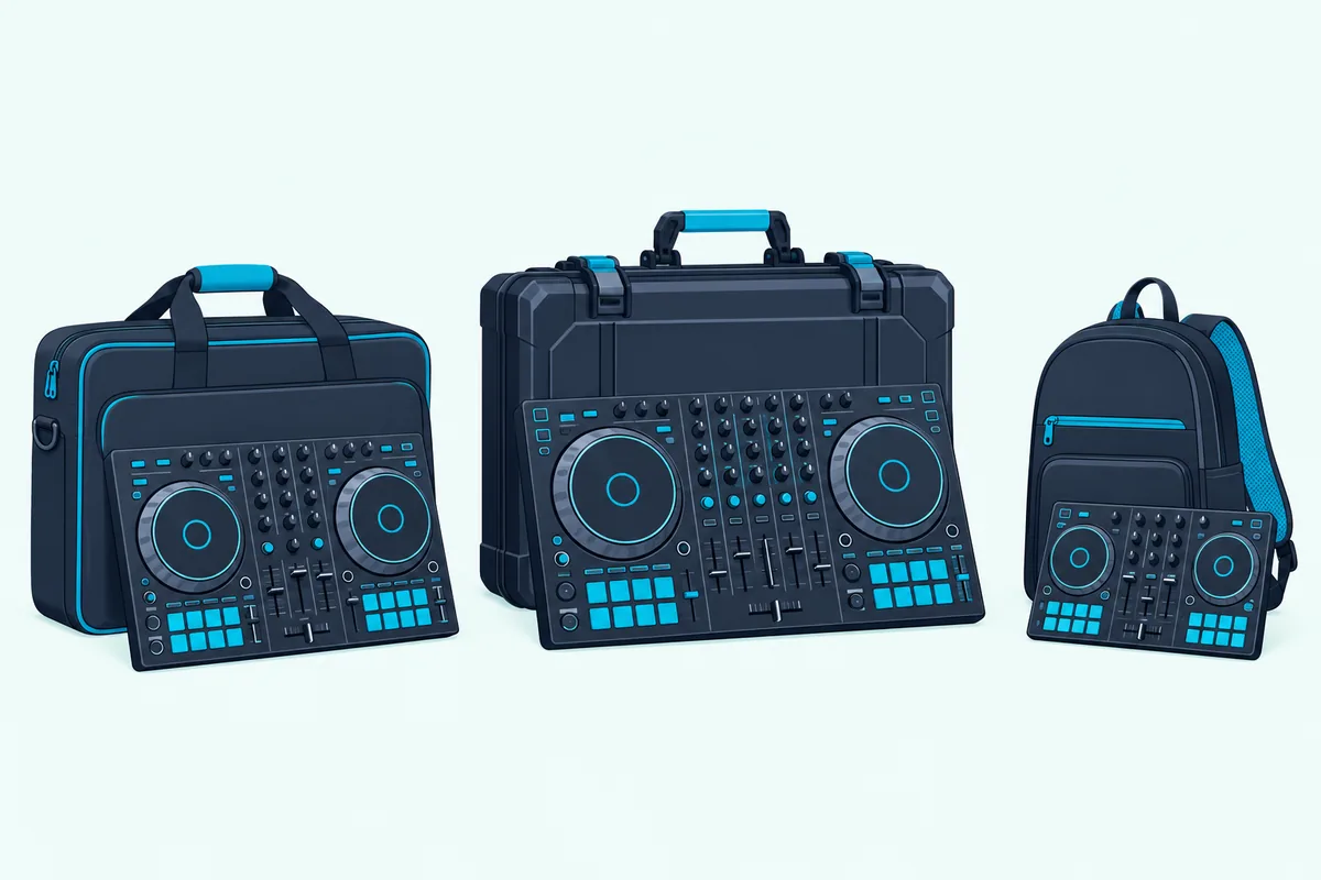 A soft padded bag, a hard shell case and a backpack each beside a different size of DJ controller