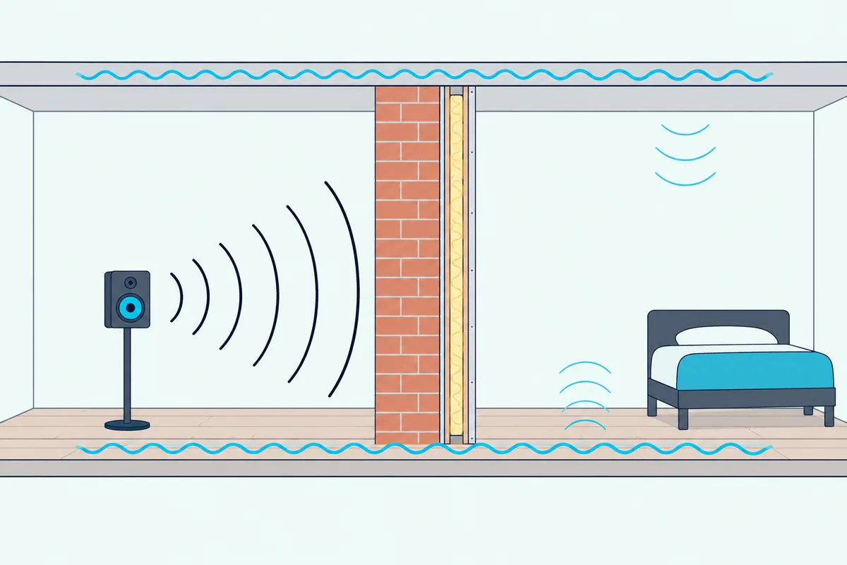 Sound from a speaker passing along a shared floor and ceiling around a lined brick wall into the next room