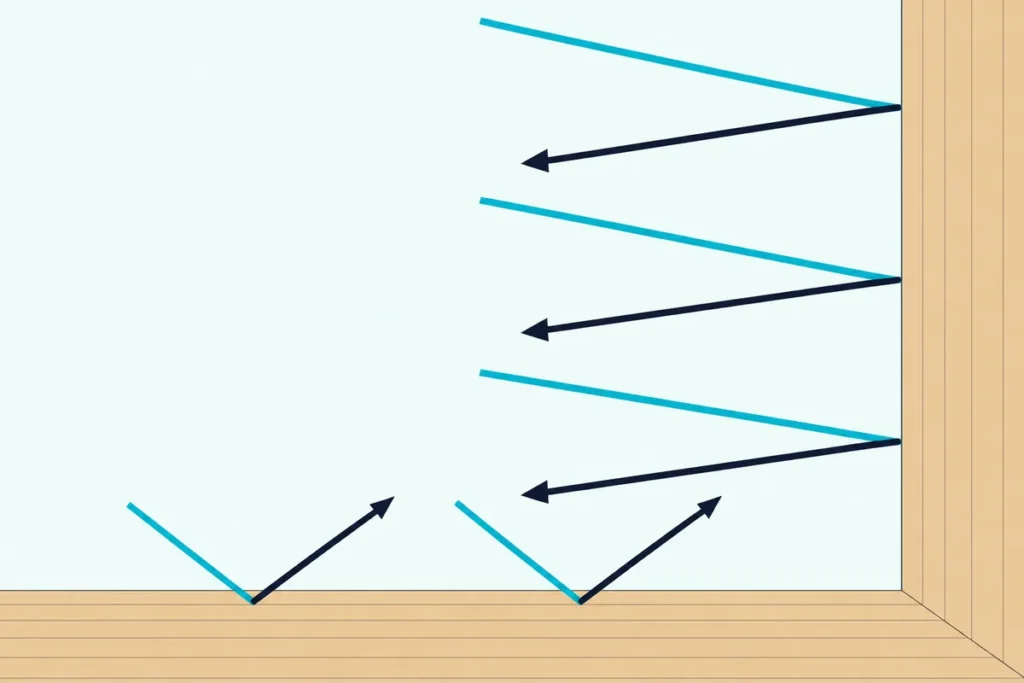 Sound lines hit a wall of wood planks and a plank floor and bounce straight back into the room