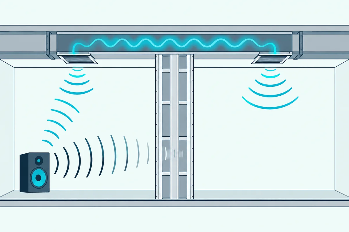 Sound traveling around a thick shared wall through an air duct that connects the two rooms above it