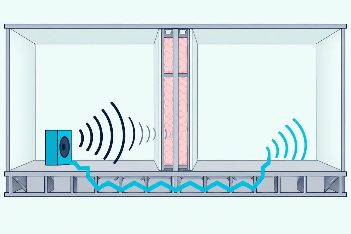 Sound waves traveling under a thick insulated wall through a continuous floor deck between two side-by-side rooms