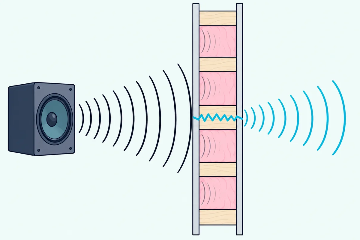 Sound waves crossing through a wood stud in a single stud wall, bypassing the insulation in the bays beside it