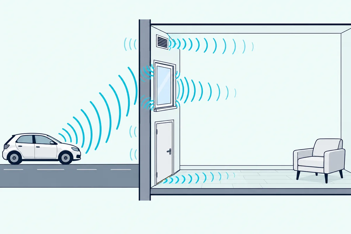 Sound waves from a street entering a room through a window, the gap under a door and an outside wall vent