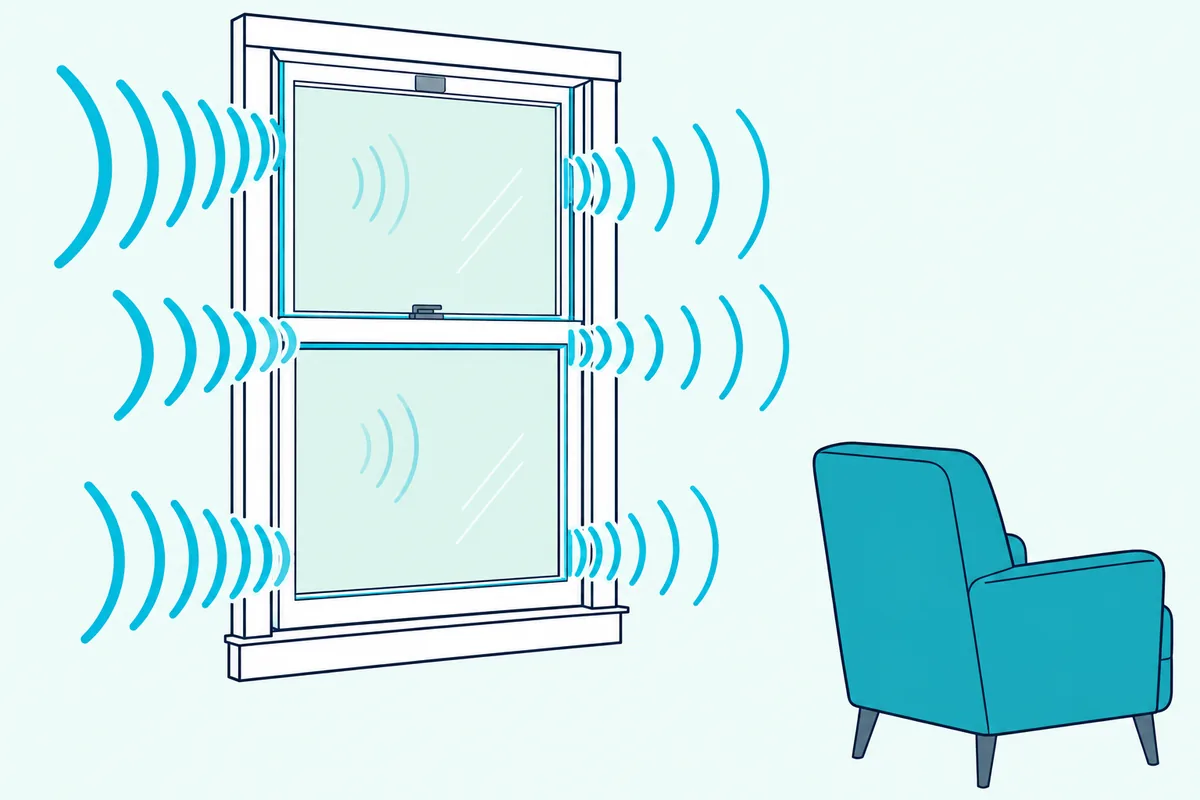 Sound waves passing through the gaps around a closed double-hung window and through its glass into a quiet room