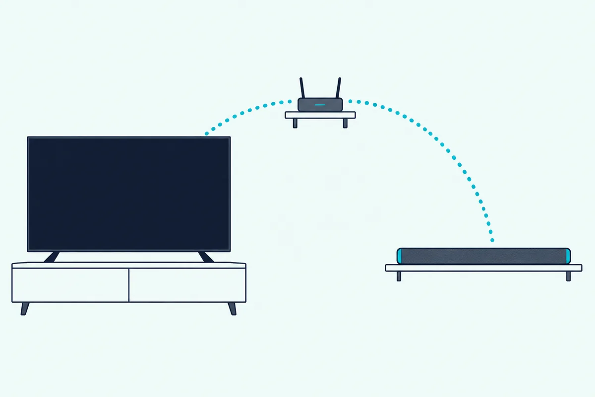 Soundbar across a room from a TV linked by a dotted wireless arc with a wireless router on a nearby shelf