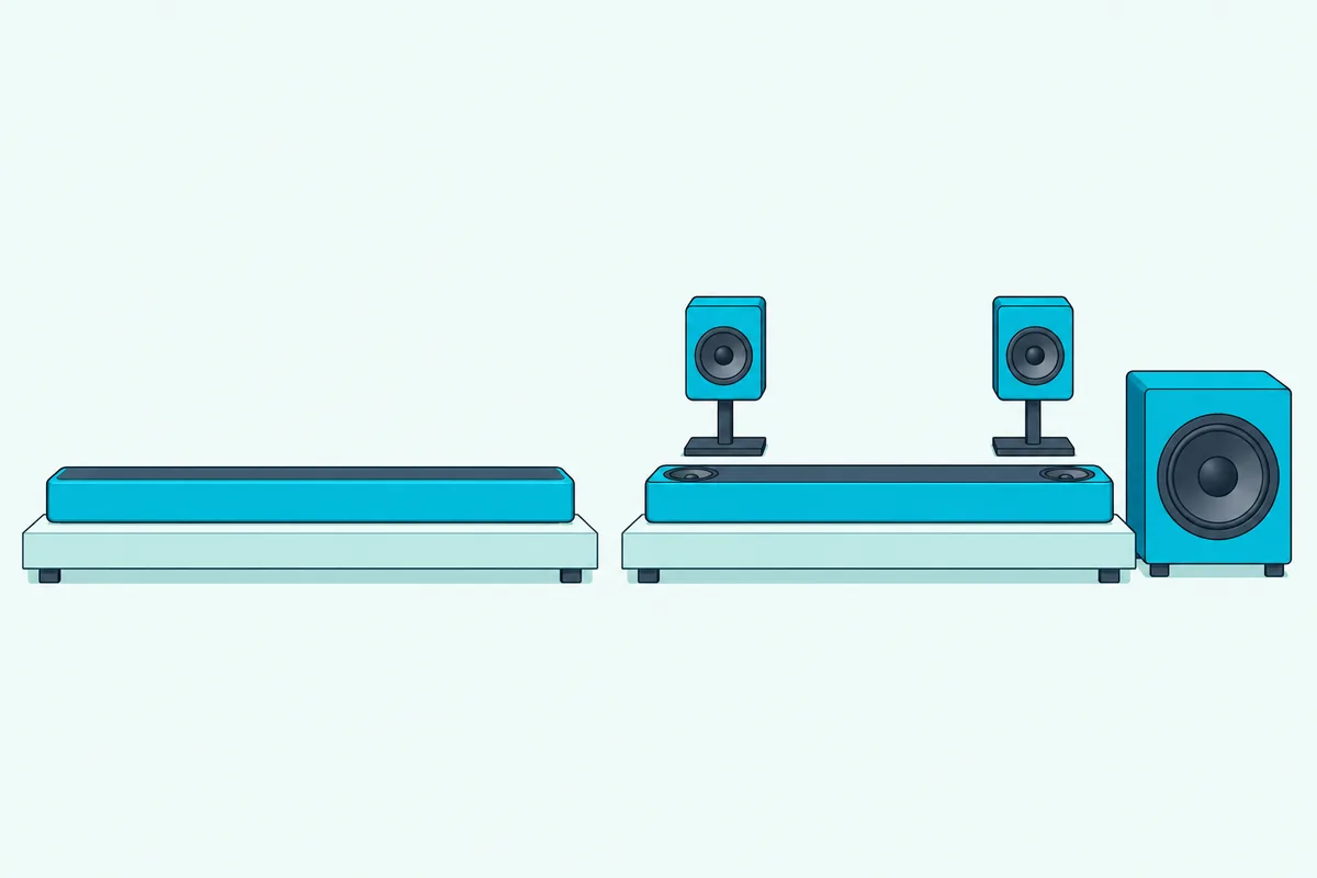 A single soundbar beside a fuller soundbar system with up-angled speakers, a subwoofer and two rear speakers