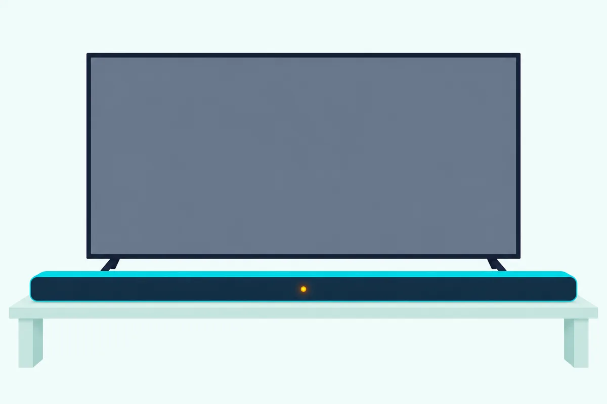 Long soundbar on a TV stand with one small amber light glowing on its front under a TV with a blank screen