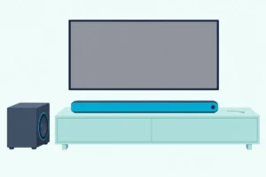 Soundbar on a console under a TV with a blank screen, a cube subwoofer beside it and a straightened paper clip on top