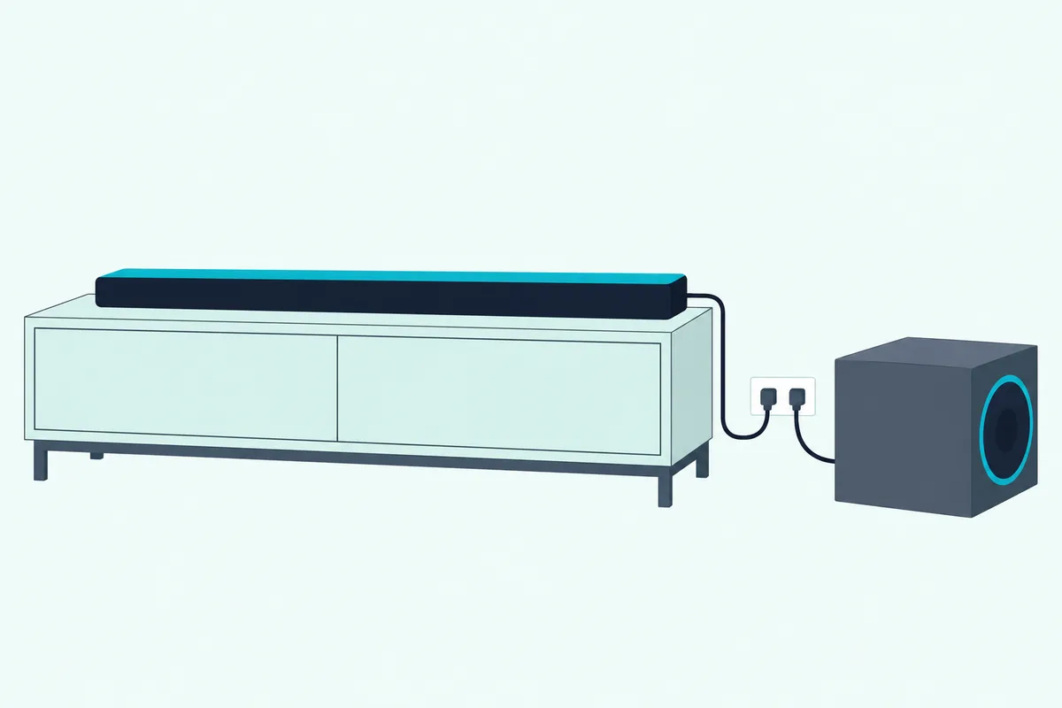 Soundbar and cube subwoofer on a console, each with a power cord running to one wall outlet