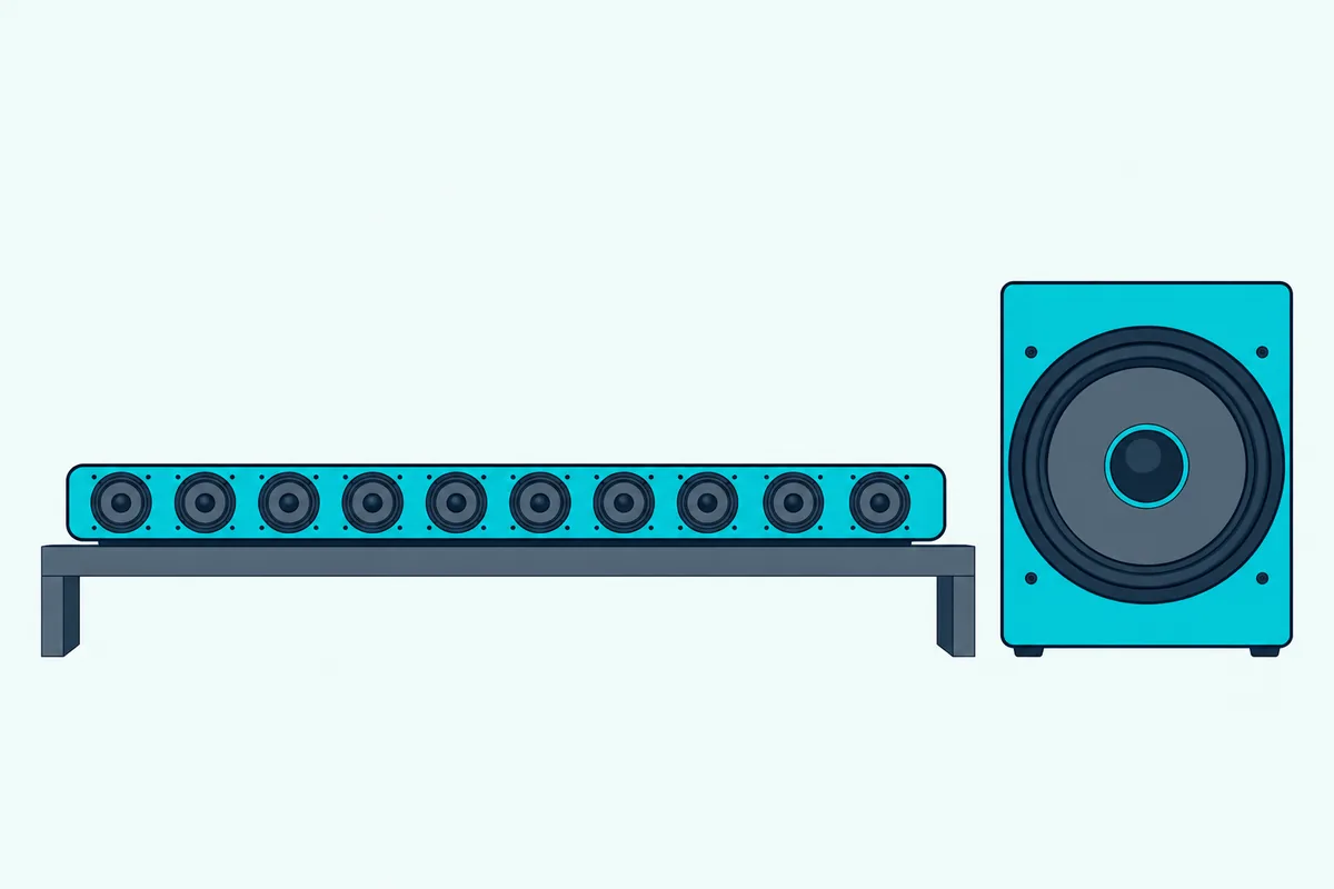 Soundbar with its small drivers exposed beside a subwoofer whose single large cone dwarfs them