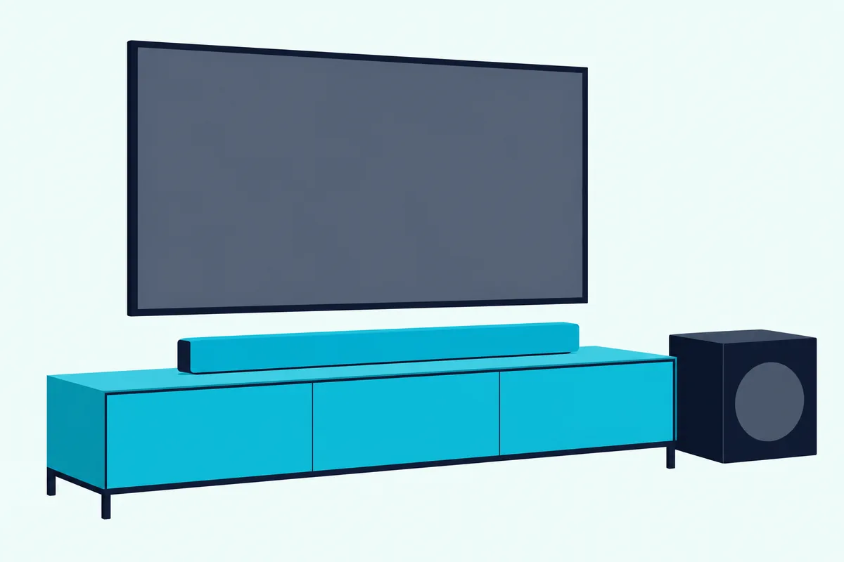 Soundbar on a low console under a wall-mounted TV with a blank screen, with a subwoofer beside the console