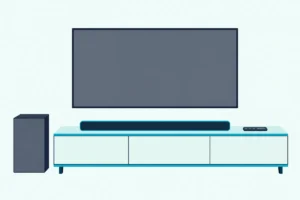 Soundbar on a wooden console under a TV with a blank screen, a subwoofer beside it and a slim black remote on top