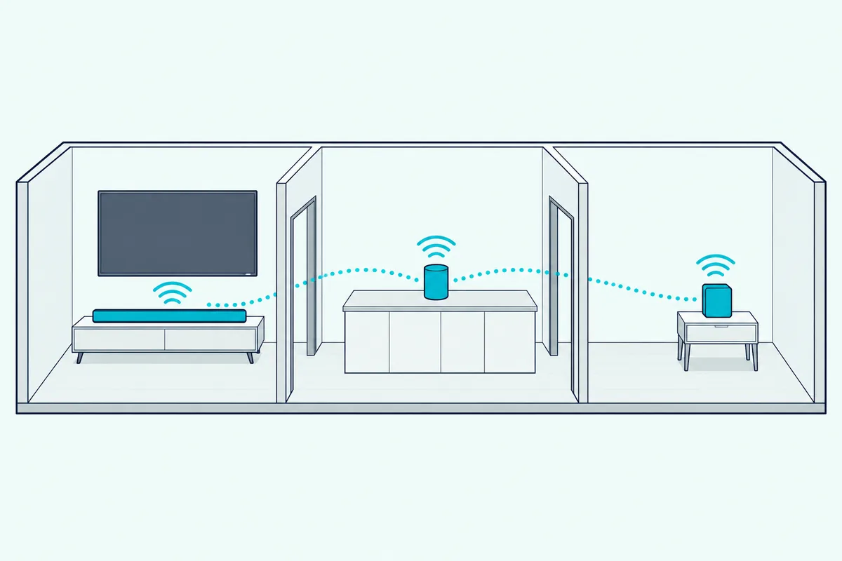 Soundbar under a TV and two small speakers in other rooms, linked by curved wireless lines
