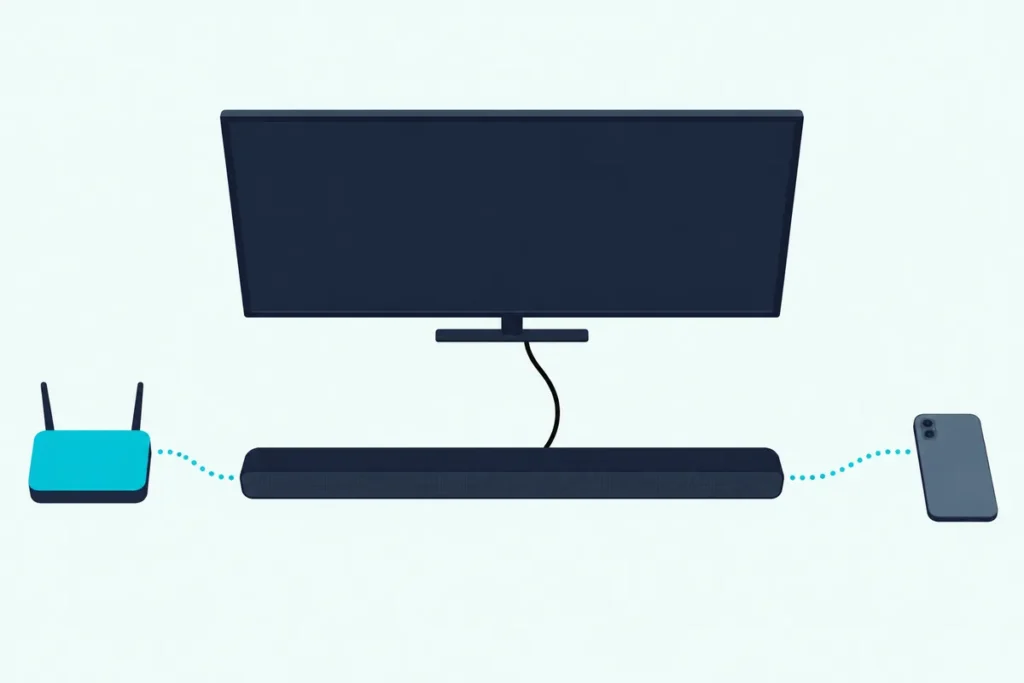Soundbar at the center of lines leading to a TV with a blank screen, a Wi-Fi router and a phone lying face-down