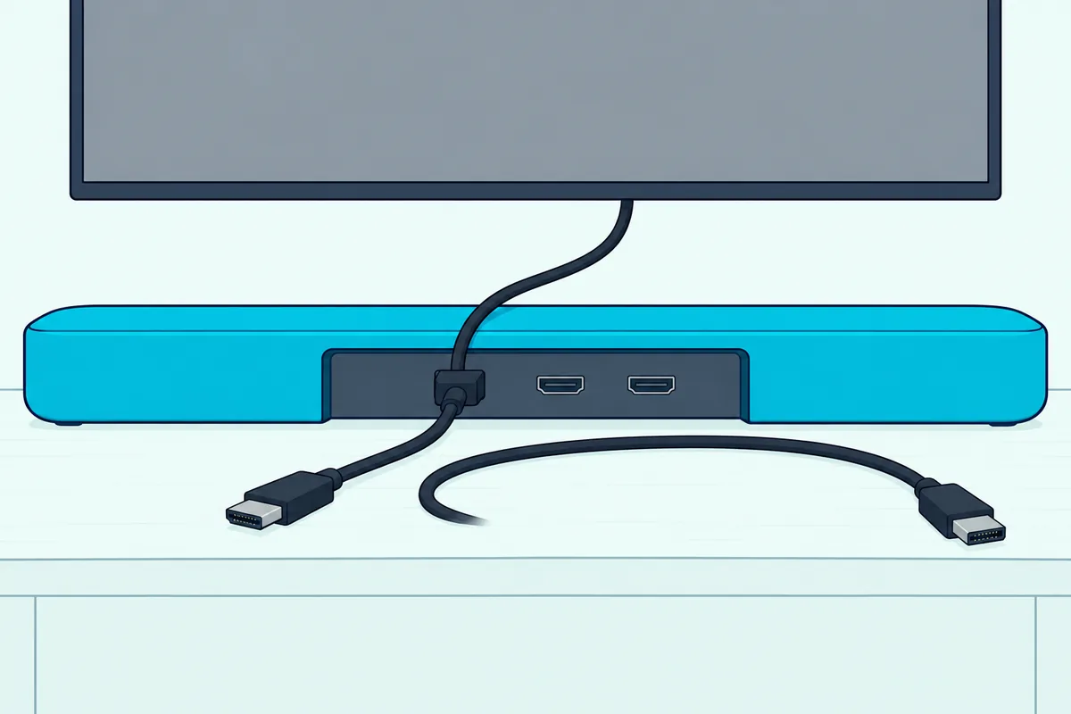 Back panel of a soundbar with an HDMI cable plugged into one port and a second HDMI cable lying loose beside it